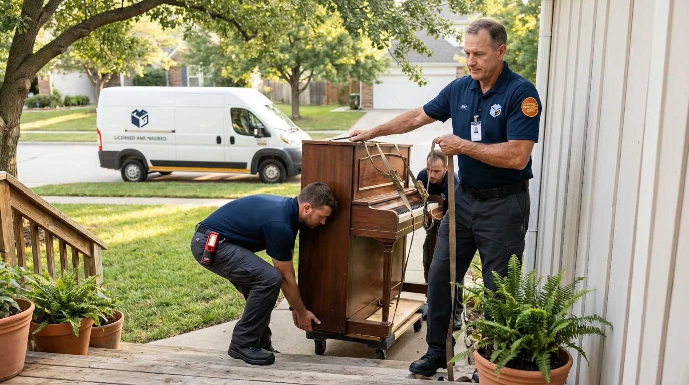 Licensed piano movers securing grand piano in Gap, PA