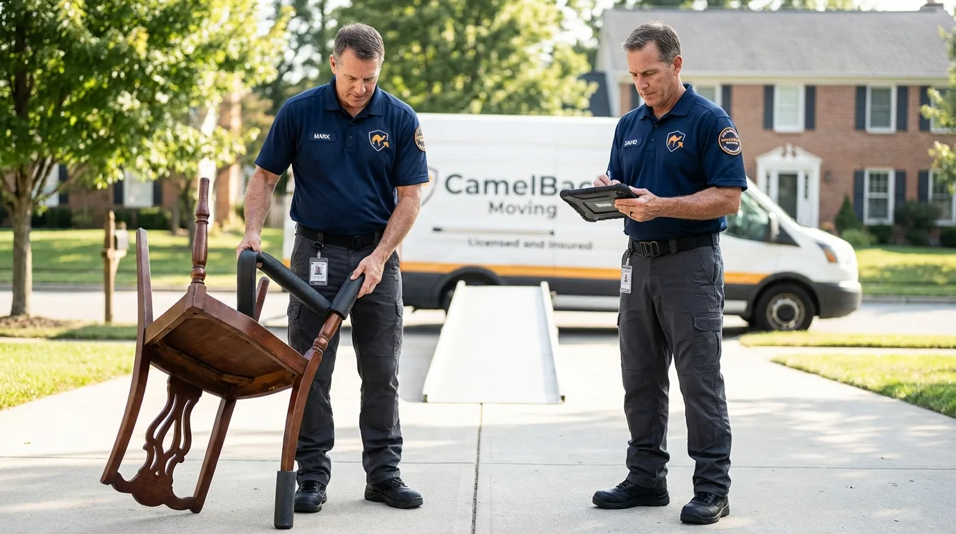 Movers inspecting furniture for damage prevention before loading in Gap, PA
